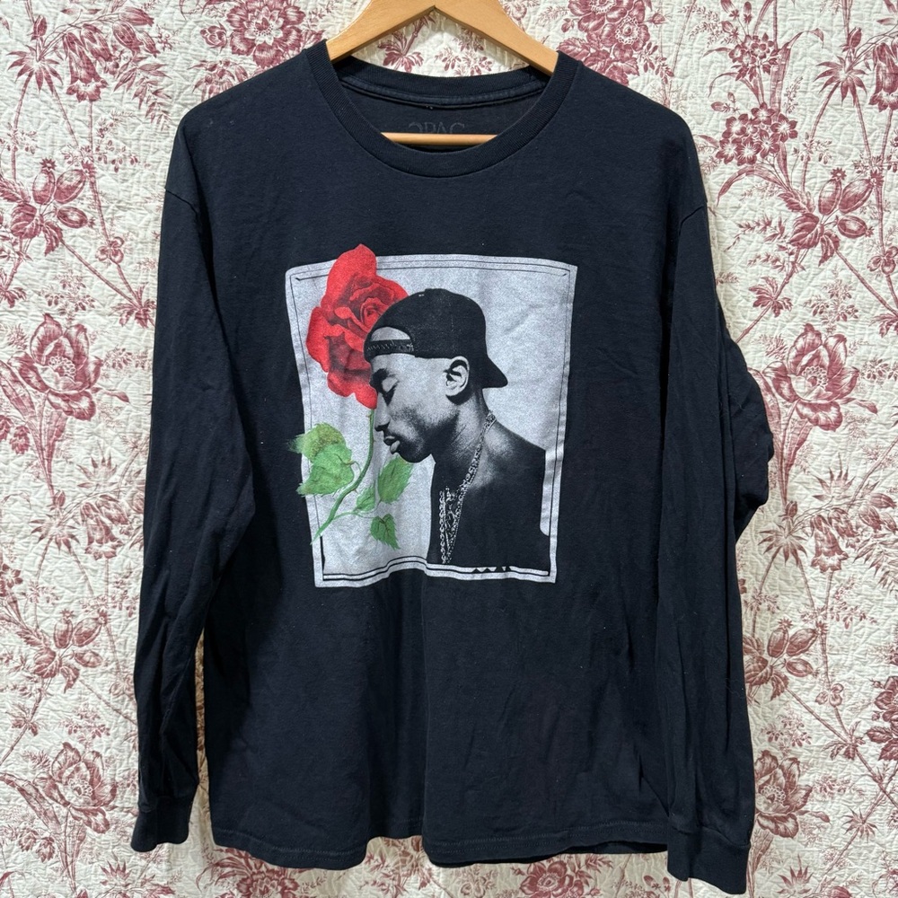 Tupac Rose Graphic Long Sleeve Shirt Black Size Large